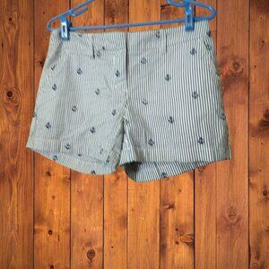 British Khaki Women's Size 2 Striped Nautical White Shorts with Blue Anchors NEW